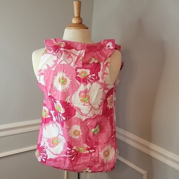LILLY PULITZER Scarlet Begonia Ruffle Scoop Neck Pink Floral Sleeveless Top XS - Picture 2 of 10